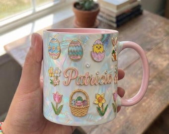 Personalized Easter Basket Stuffer Mug for Kids, Custom Name Stained Glass Style Bunny Chick Cup, Cute Spring Gift