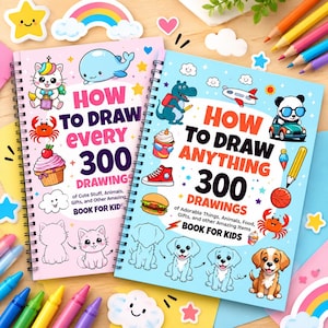 May include: Two spiral-bound drawing books for kids. The pink book is titled How To Draw Every 300 Drawings, featuring a unicorn cat and whale. The blue book is titled How To Draw Anything 300 Drawings, featuring a dinosaur and a puppy.