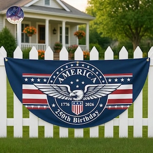 American 250th Birthday Fence Flag, Patriotic Half Circle Yard Decor 1776–2026, USA Celebration Banner for Porch Garden Outdoor