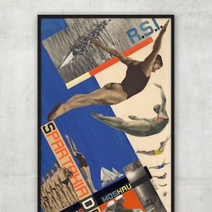 Op de afbeelding: Een vintage poster voor de Spartakiada van Moskou uit 1928, met een collage van afbeeldingen van zwemmers en duikers. De poster is in rood, wit, blauw en zwart.