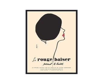 Rene Gruau Fashion Illustration - Vintage "Le Rouge Baiser" Poster Reproduction - 1950s Wall Art Decor for Home & Office