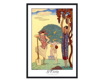 Art Deco print vintage style fashion illustration, "La'Terre" by George Barbier