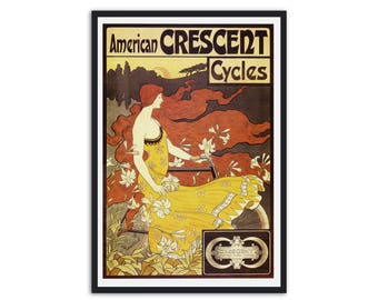 Vintage Bicycle Poster Print - by Frederick Ramsdell  "Crescent Cycle" Advert - Art nouveau print reproduction for home decor