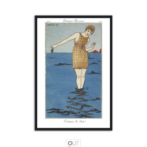 Ilustración de moda de estilo vintage con estampado Art Deco, "Costume de Bain" de George Barbier, IL058.