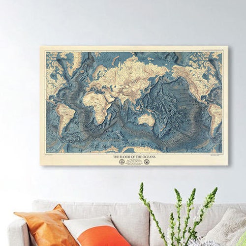 World map wall art sale - The Floor of The Oceans (1976) - large print, 100