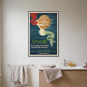 Mermaid Bathroom Wall Art Print, Vintage Italian Poster Venice c.1924, Art Nouveau Sponge Advertisement, Canvas or Framed image 1
