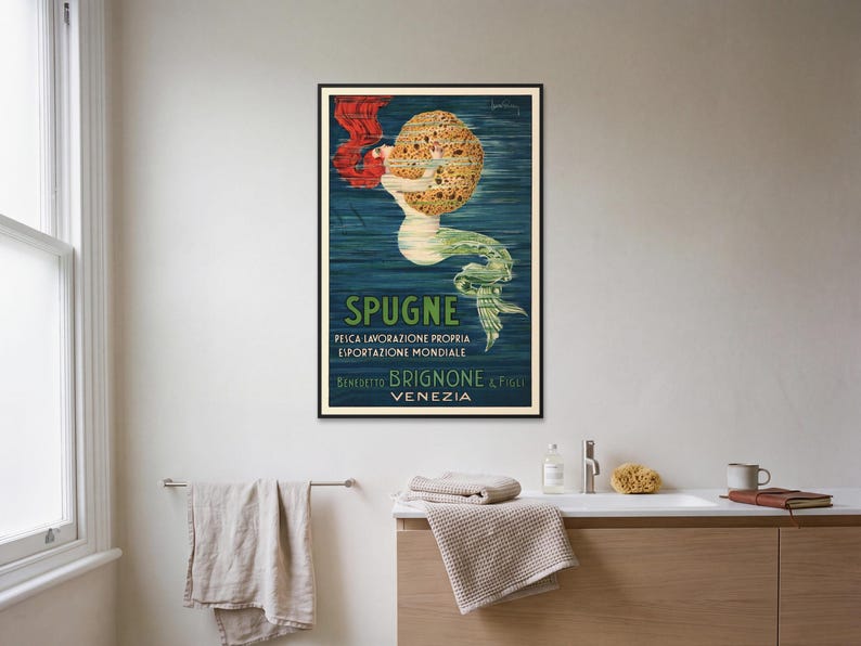 Mermaid Bathroom Wall Art Print, Vintage Italian Poster Venice c.1924, Art Nouveau Sponge Advertisement, Canvas or Framed image 1