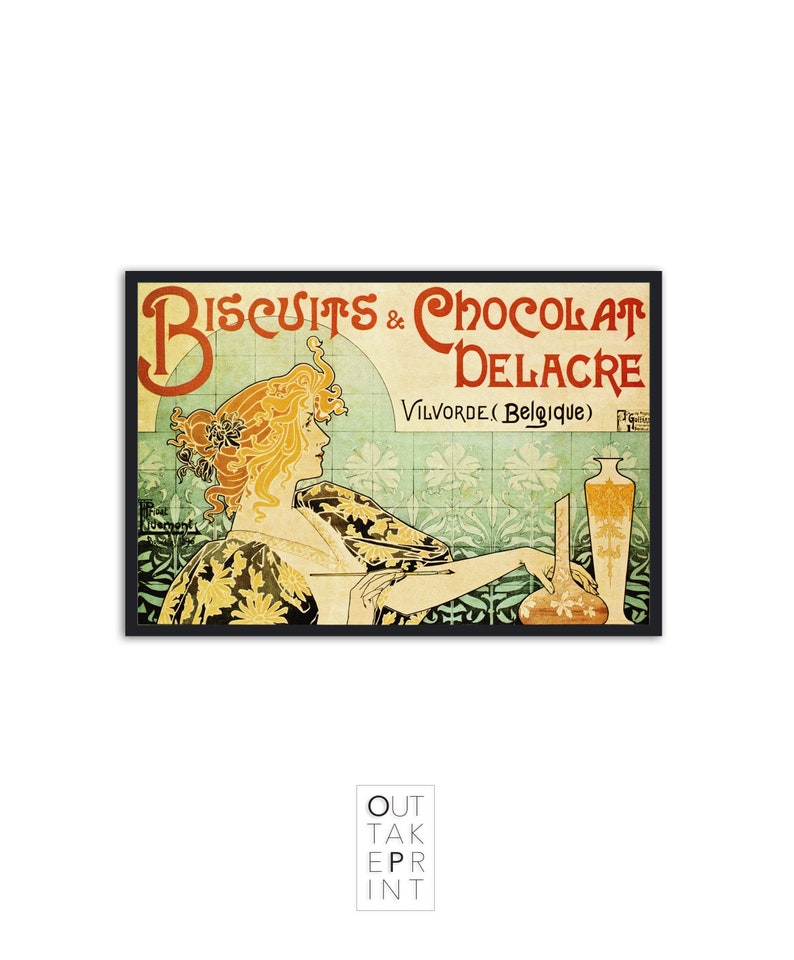 Może przedstawiać: Oprawiony plakat w stylu vintage dla "Biscuits & Chocolat Delacre" z ilustracją w stylu Art Nouveau kobiety z rudymi włosami. Plakat, w czarnej ramie, zawiera tekst "Vilvorde (Belgique)". Tło to jasny zielony wz&oacute;r kwiatowy.