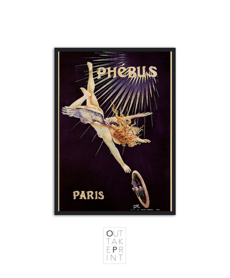 May include: Vintage poster advertising Phebus bicycles in Paris. A winged figure falls from the sky, holding a bicycle wheel. The poster is in shades of purple, gold, and white.