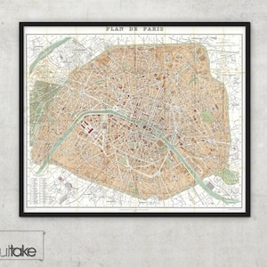 Vecchia mappa di Parigi - Plan de Paris (1892) - incorniciato stampa, 047