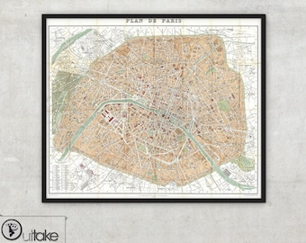 Vecchia mappa di Parigi - Plan de Paris (1892) - incorniciato stampa, 047