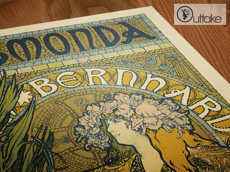 May include: A vintage poster with a yellow, blue, and green color scheme. The poster features a woman with a floral crown and the text "BERNHARD MOND'A".