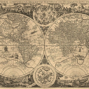 Old map - World map (1596) - Poster print - Vintage map of the World - size 16" x 23" , 024