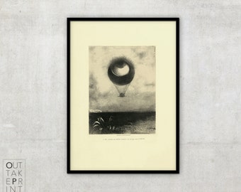 Odilon Redon - « L'Oeil Ballon », art cru, noir et blanc illustration vintage, Vintage dessin, Illustration