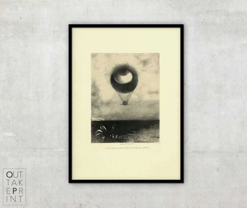 Odilon Redon L'Oeil Ballon, Vintage art, Black and White vintage illustration, Vintage Drawing, Illustration image 1