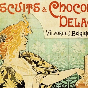 Może przedstawiać: Vintage plakat reklamowy dla Delacre Biscuits & Chocolat, przedstawiający kobietę z rudymi włosami i sukienką we wzory kwiatowe. Plakat ma zielono-kremową kolorystykę z tekstem "Biscuits & Chocolat Delacre" i "Vilvorde (Belgique)".
