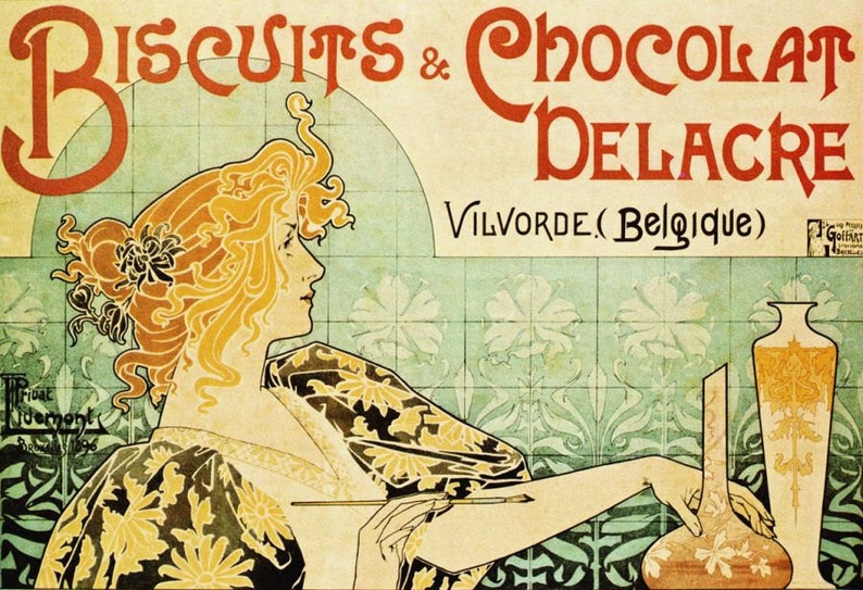 Może przedstawiać: Vintage plakat reklamowy dla Delacre Biscuits & Chocolat, przedstawiający kobietę z rudymi włosami i sukienką we wzory kwiatowe. Plakat ma zielono-kremową kolorystykę z tekstem "Biscuits & Chocolat Delacre" i "Vilvorde (Belgique)".