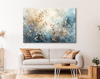 Botanische canvaskunst - moderne bloemmuurkunst voor woondecoratie - abstracte groenkunstprint in blauwe en gouden kleuren