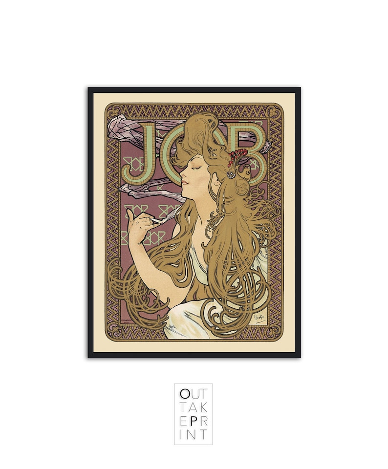 Puede incluir: Un p&oacute;ster vintage que presenta a una mujer con el pelo largo y suelto, vestida con un vestido blanco y sosteniendo un cigarrillo. El p&oacute;ster est&aacute; enmarcado en un marco negro y tiene un borde decorativo. El texto "JOB" se muestra de forma prominente en la parte superior del p&oacute;ster.