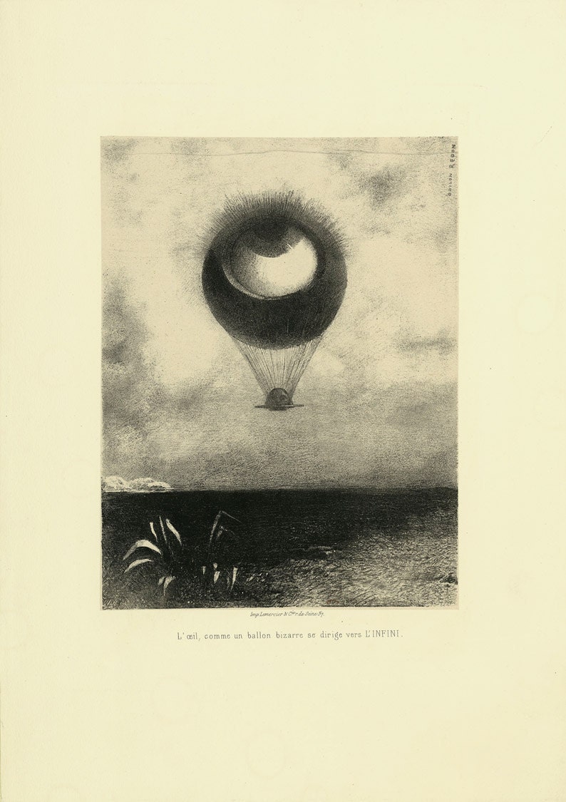 Odilon Redon L'Oeil Ballon, Vintage art, Black and White vintage illustration, Vintage Drawing, Illustration image 4