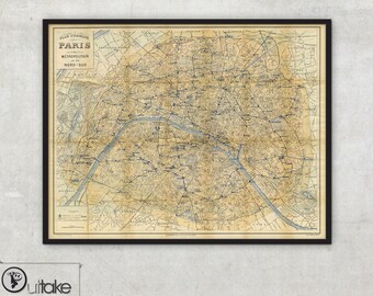 Paris Metro Wall Art: Vintage Map - Framed or Canvas Print