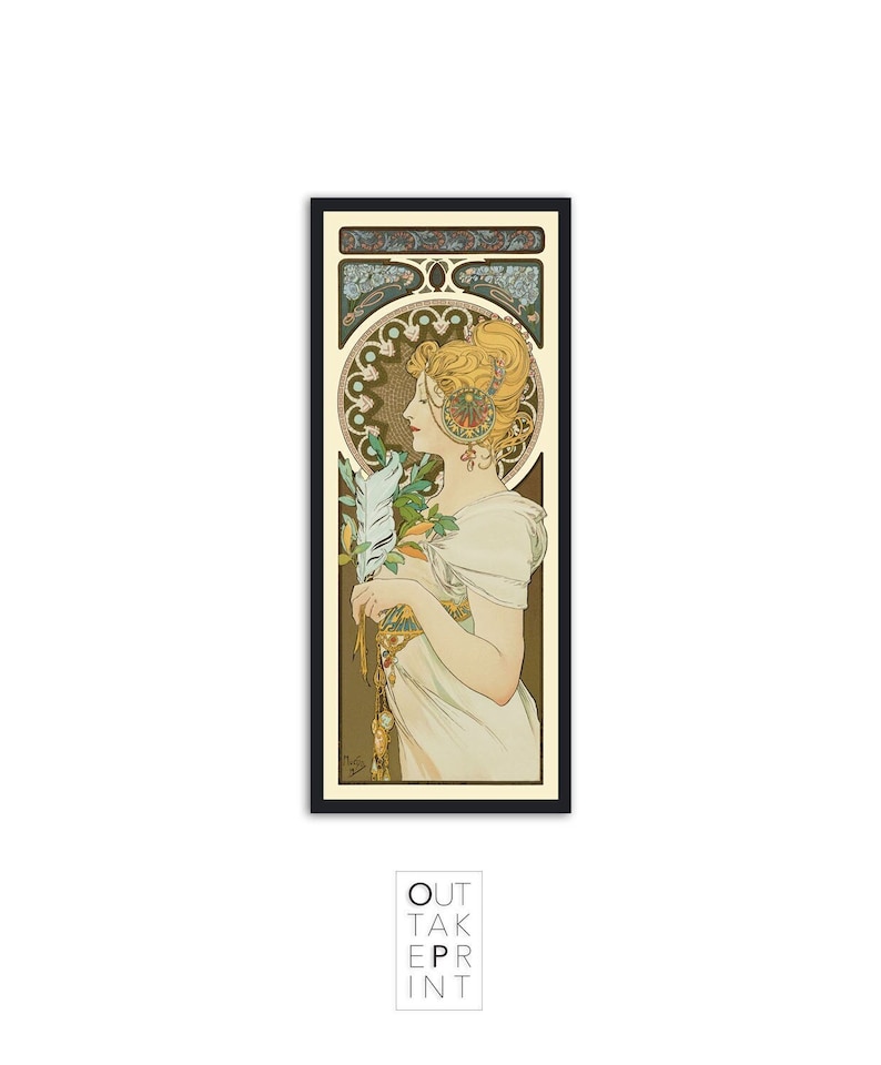 May include: A vintage art nouveau poster featuring a woman in a white dress holding a feather. The poster has a decorative border with floral and geometric designs in shades of green, blue, and gold.