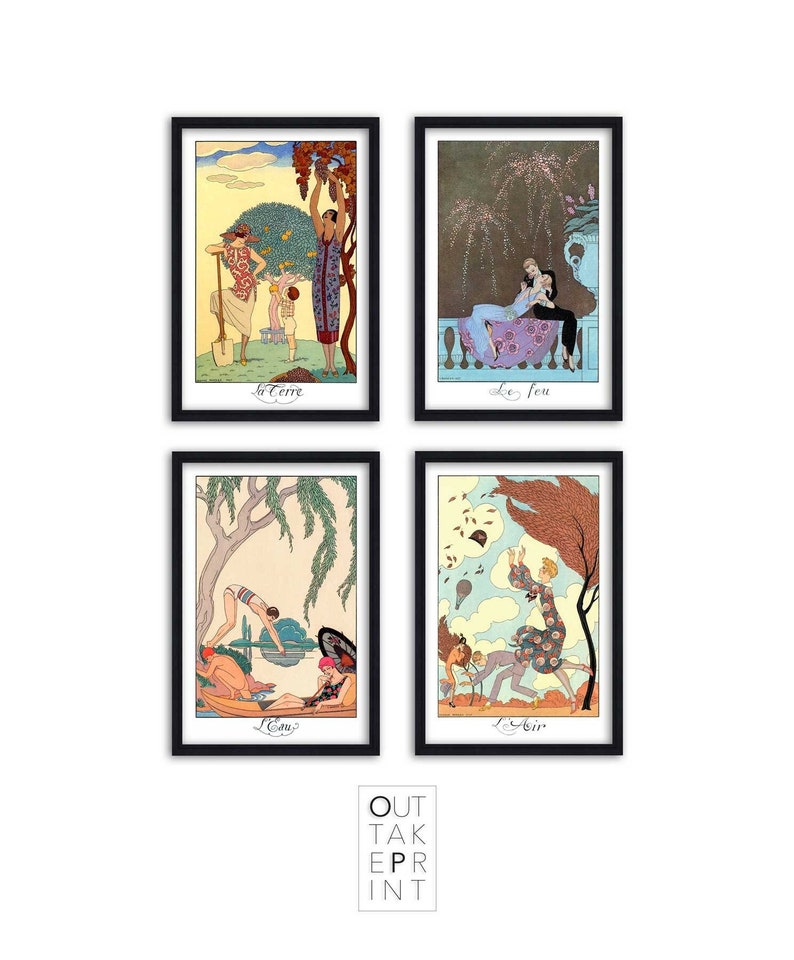 Set of 4 Art Deco illustrations The Four elements by George Barbier Art Deco print image 1