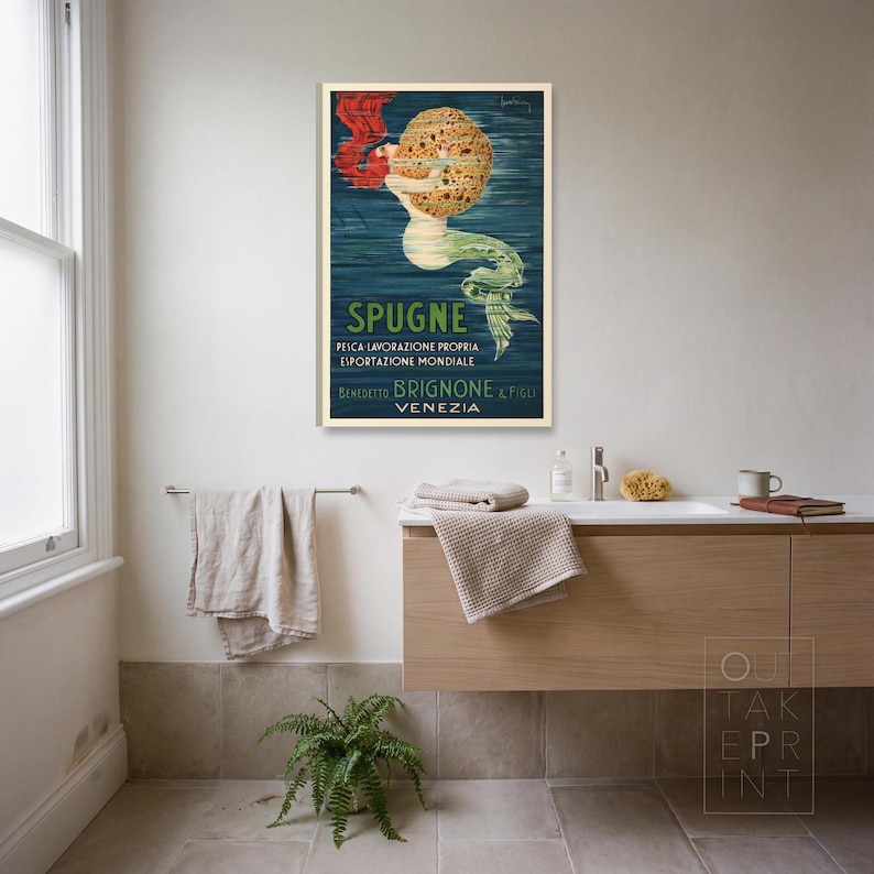 Mermaid Bathroom Wall Art Print, Vintage Italian Poster Venice c.1924, Art Nouveau Sponge Advertisement, Canvas or Framed image 2