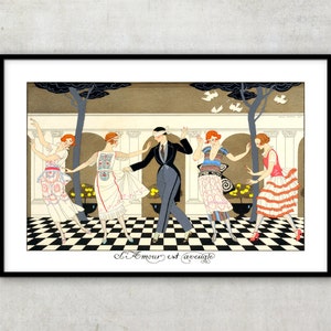Puede incluir: Una ilustraci&oacute;n vintage art d&eacute;co de cuatro personas bailando en un jard&iacute;n. El hombre est&aacute; vendado y las mujeres visten vestidos coloridos. El texto "L'Amour est aveugle" est&aacute; escrito en la parte inferior de la imagen.