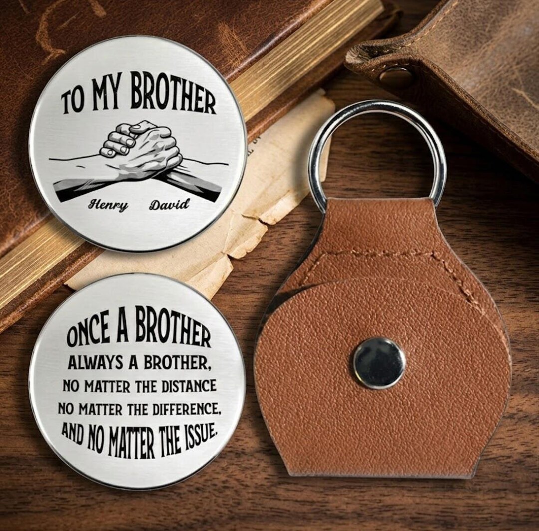 Personalized Brother Keychain Pocket Coin, Leather Hug Token Gift ...
