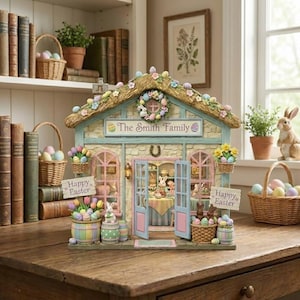 Personalisiertes Häschen-Ostern-Cottage-Zeichen, Cottagecore-Frühlingsholzblock, Familienname-Regal, Ostergeschenk