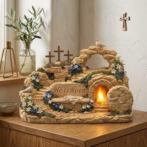 May include: An Easter-themed ornament depicting a stone tomb with the text "He Is Risen", three crosses, and a glowing interior. The scene is decorated with white doves and flowers. A wooden cross is mounted on the wall.