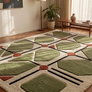 Geometric Leaf Pattern Rug | Hand Tufted Wool Area Carpet | Modern Botanical Living Room Rug