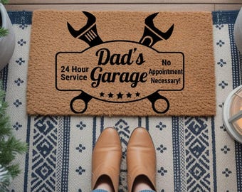 Dad Garage Doormat, Funny Father’s Day Doormat, Mechanic Dad Gift Rug, Garage Welcome Mat, Tool Lover Doormat, Dad Workshop Front Door Decor