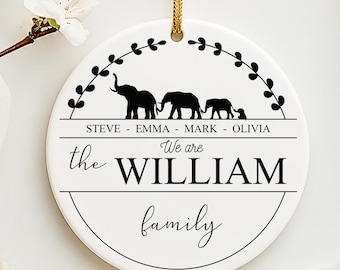 Personalisierte Familie Ornament, Elefant Familie Andenken, benutzerdefinierte Name Weihnachtsverzierung, Keramik Urlaub Geschenk, Stammbaum Dekor für Mama