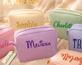 Personalized Seersucker Cosmetic Bag, Embroidered Name Makeup Bag, Custom Travel Pouch, Bridesmaid Gift, Preppy Toiletry Bag