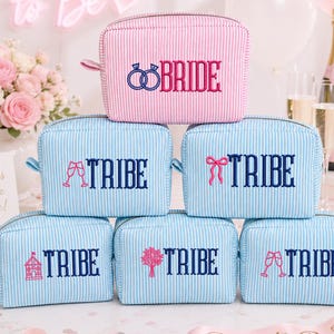Bridesmaid Custom Bridal Icon  Makeup Bag Embroidered Seersucker Cosmetic Bag, Bride Gift, Bachelorette Party Gift, Custom Name