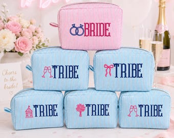 Bridesmaid Custom Bridal Icon  Makeup Bag Embroidered Seersucker Cosmetic Bag, Bride Gift, Bachelorette Party Gift, Custom Name