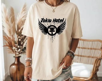 Chemise Tokio Hotel, t-shirt vintage Y2K Band, haut logo ailé effet vieilli, produits dérivés de musique alternative des années 2000