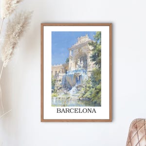 Barcelona Cascada Monumental Digital City Travel Print Akwarela, Spersonalizowany (Pobierz cyfrowo), Prezent na urodziny, Walentynki
