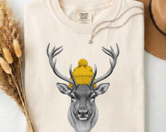Reindeer Beanie Shirt | Winter Forest Animal Graphic Tee, Comfort Colors®