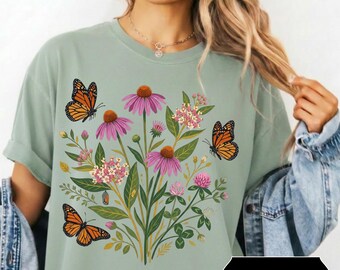 Monarch Butterfly Wildflower Shirt , Comfort Colors Botanical Tee