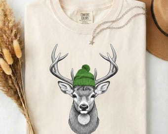 Deer Beanie Graphic Tee | Woodland Stag Wildlife Comfort Colors Shirt