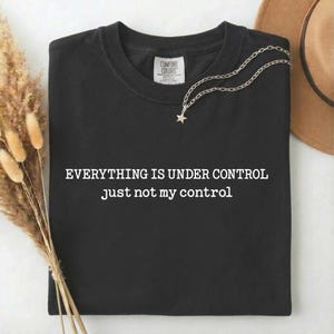 May include: Black t-shirt with the white text "EVERYTHING IS UNDER CONTROL just not my control". A silver necklace with a star pendant rests on the shirt. A brown hat and dried flowers are in the background.