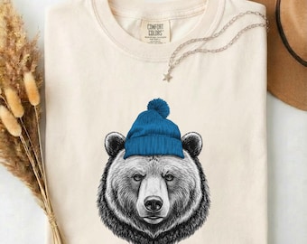 Bear with Beanie Graphic Tee | Winter Wildlife Illustration, Comfort Colors® Shirt