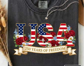 USA Floral Shirt, 250 Years Freedom Tee, Patriotic Ribbon USA Shirt, Comfort Colors Tee