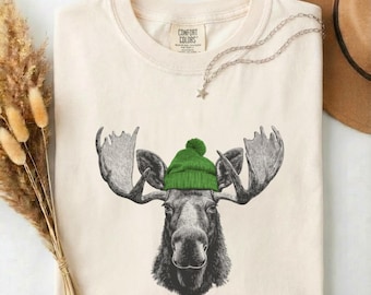 Moose Beanie Graphic Tee | Rustic Forest Wildlife Comfort Colors Shirt