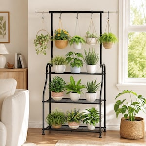 May include: A black metal tiered plant stand with three shelves and an overhead hanging rod. The stand holds twelve potted plants on the shelves and five hanging plants suspended from hooks. The pots vary in color, texture, and material.