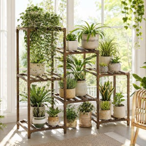 3 Tier Wooden Plant Stand for 7+ Pots, Indoor Outdoor Ladder Plant Shelf, Eucalyptus Plant Rack, Boho Living Room Patio Decor