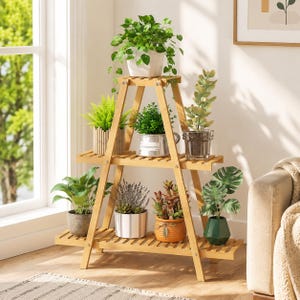 May include: A three-tiered A-frame plant stand made of light-colored wood with slatted shelves. The stand holds eight various potted plants, including a trailing green plant on the top shelf, and several foliage plants in ceramic and metal pots.